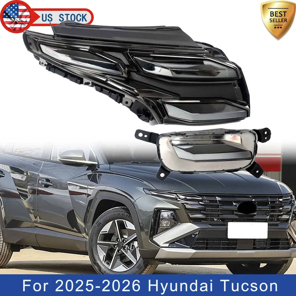 Front Right Headlight Fog Lamp For Hyundai Tucson Limited Tech Sport 4-Door 2025 2026 LED DRL Daytime Running Light Right Smoked