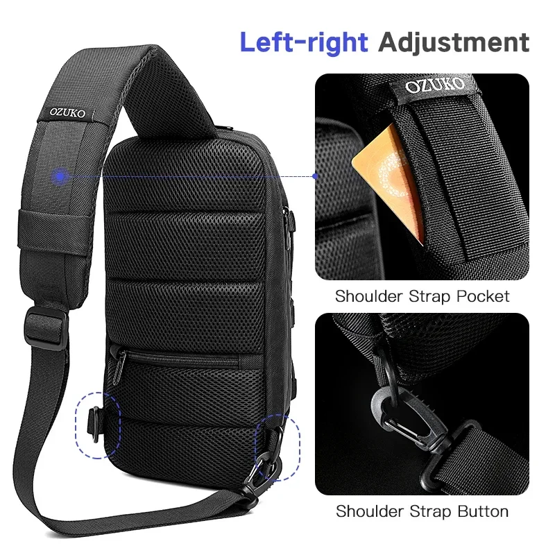 OZUKO Chest Bag Man Crossbody Bag for Mens USB Charge New Men Sling Bag Outdoor Male Chest Pack Short Trip Messenger Bags