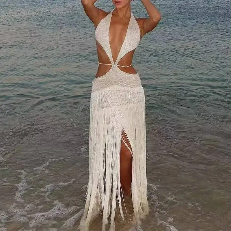 夏休みビーチマキシドレスセクシーなホルタータッセルボヘミアン女性春ソリッドバックレスレースアップロングドレスムヘール