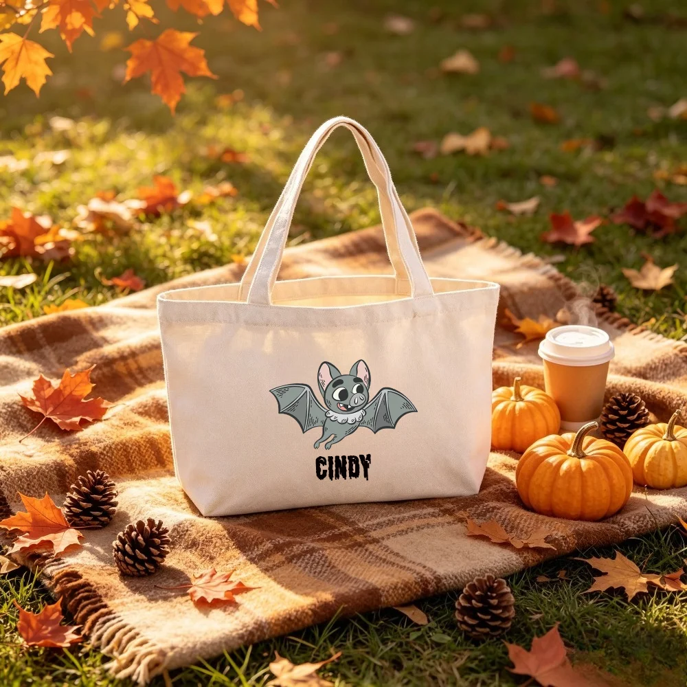 Bolsa de Lona con Diseño de Murciélago de Dibujos Animados y Nombre Personalizado, Bolso de Hombro para Niños para Halloween, Bolsa de Compras Reutilizable para Dulces, Regalo