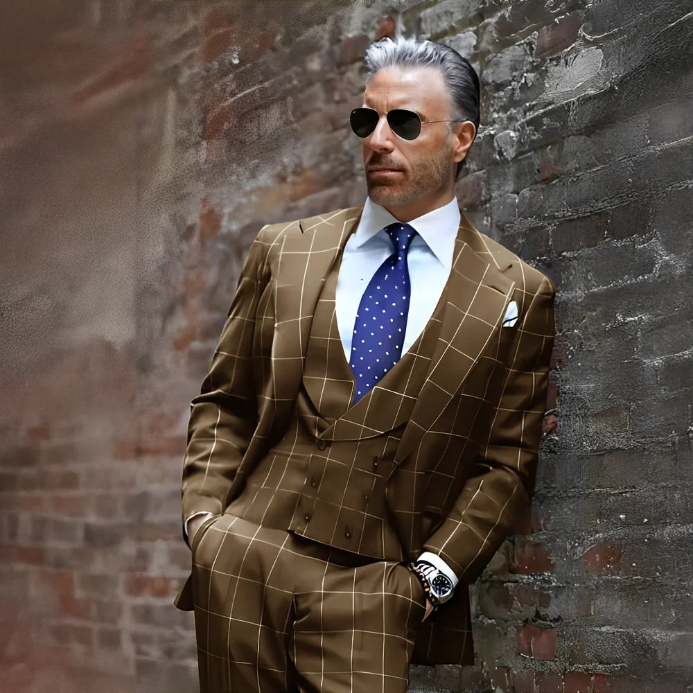 Men's 3-piece Suit Plaid Jacket Pants Vest Business Formal Tuxedo Groom Wedding Blazer Party Custom Outfit Male