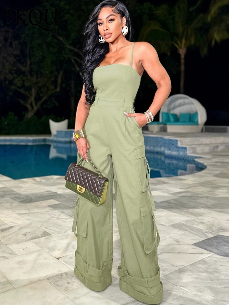 BKQU Wide Leg Jumpsuit Women Pockets Spaghetti Straps Cargo One Piece Playsuits 2024 Summer Backless Zipper Streetwear Overalls