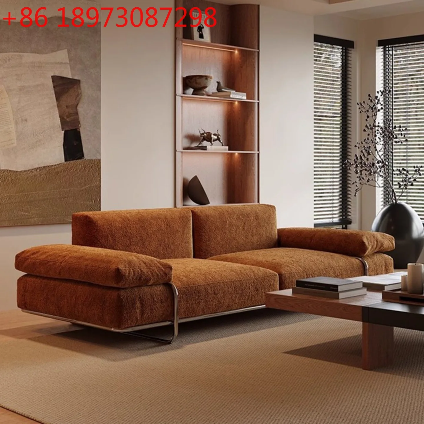 

French antique stainless steel sofa Italian minimalist chenille velvet straight row fabric sofa