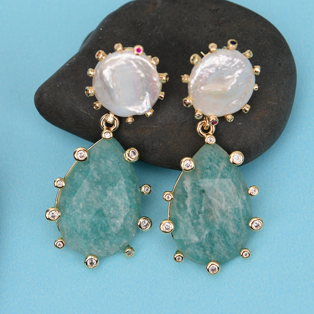 

GG Cultured White Coin Pearl Blue Amazonite Cz Pave Teardrop Dangle Earrings