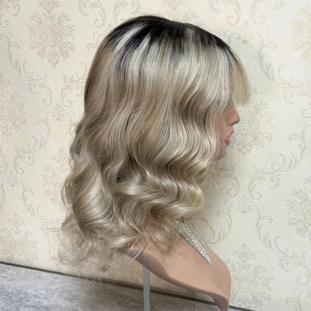 Full Lace Wig with Bangs Ash Blonde Ombre Wigs Dark Roots Balayage Highlights Fringe Human HairWigs for Women Glueless Easy Wear