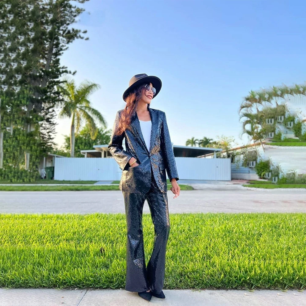 

Sequin Blazer Suits Deep V Lapel For Women 2023 New Loose Fashion Streetwear Party Chic 2- Piece Set Classic Long Sleeves Sequin