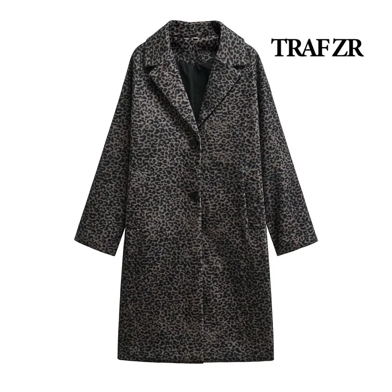 

TRAF ZR Woolen Coat Fall Fashion Women's Autumn Coat Elegant and Pretty Women's Coats American Retro Leopard Print Long Coats