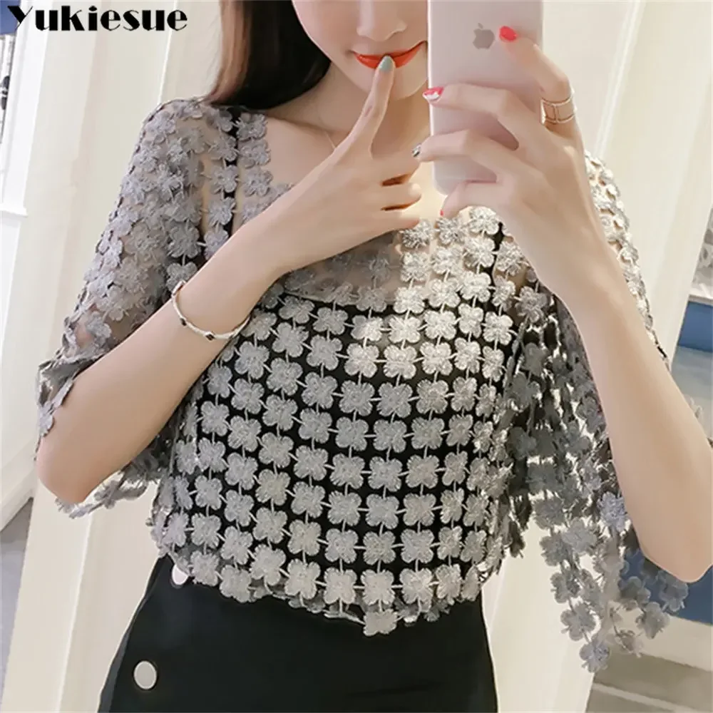 Summer Lace Hollow out Mesh Tops Sexy ElegantPullover Blouse Chiffon Shirt Top Shirt with Sling Solid Temperament Two-Piece