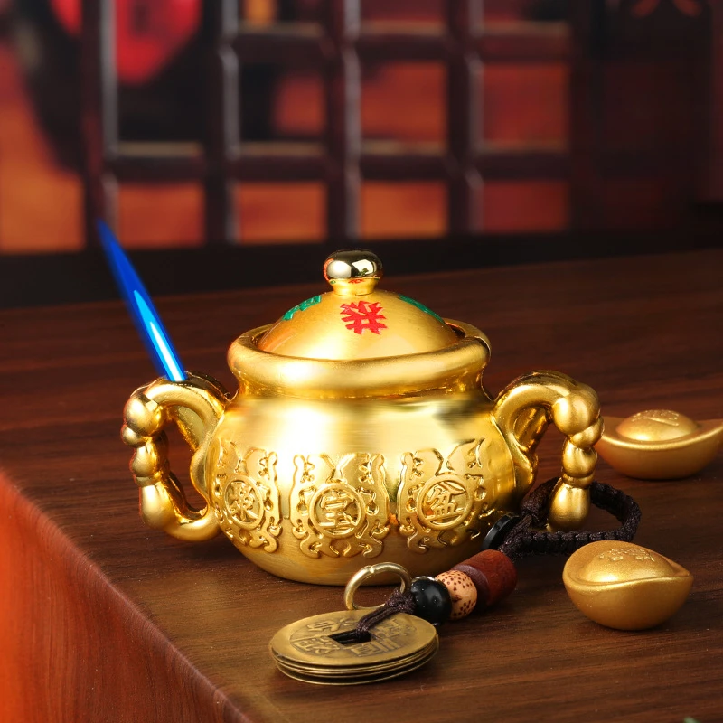 

High aesthetic value of metal Jubao Pot Rotating Decompression Blue Flame Lighter Metal Direct Charging Cigarette Accessory Tool