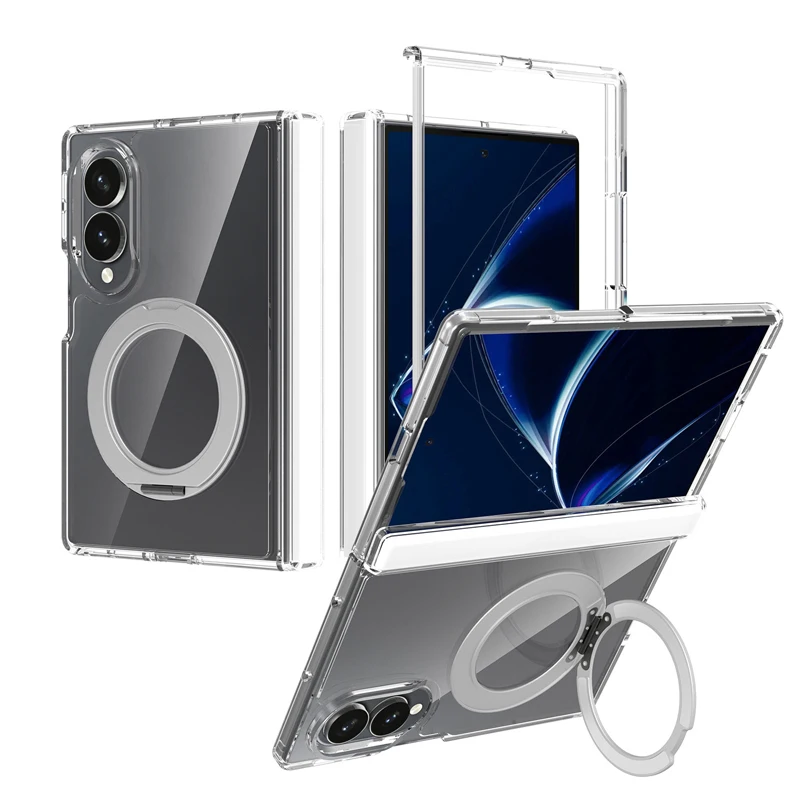 Case For Samsung Galaxy Z Fold 8 ELVEV Magnetic Transparent Hard PC+ Soft TPU Hinge Protection Rotation Ring Stand Folding Cover