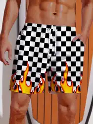 2024 Summer 3D Printed Striped Flame Printing Shorts Men's Board Shorts Swim Trunks Drawstring Breathable Short Hawaiian shorts