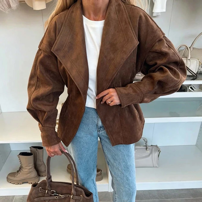 Autumn Winter New Simple Hollow Out Outerwear Vintage Suede-like Long Sleeve Commute Jacket Elegant Lady Casual Solid Color Coat