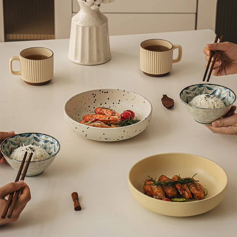 Simple 8 Inch Vegetable Bowl Ceramic Tableware Household Large Capacity Splash Ink Fruit Salad Bowls Matte Deep Plates