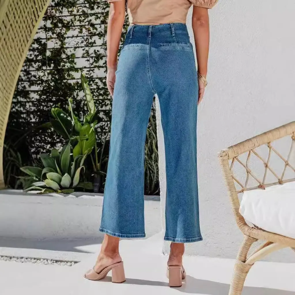 Retro damesjeans met hoge taille en wijde pijpen, enkele rij gesp, losse, rechte casual broek in Europese en Amerikaanse stijl
