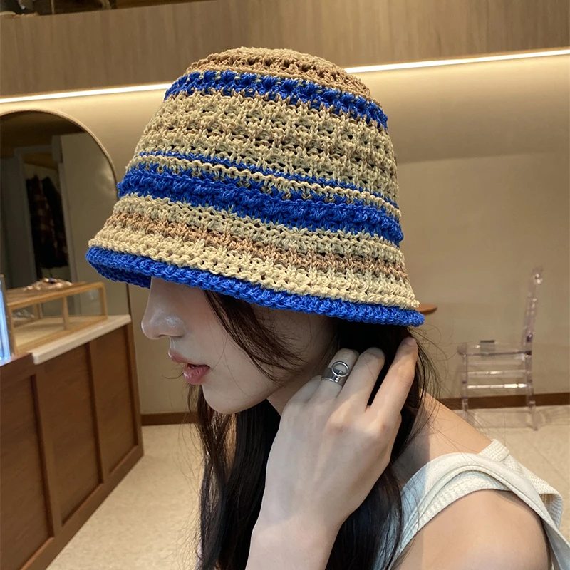 Gorro de punto a rayas para mujer, viseras de sol tejidas coloridas, sombreros de playa para viajes de verano, vacaciones, gorro de lavabo UV calado