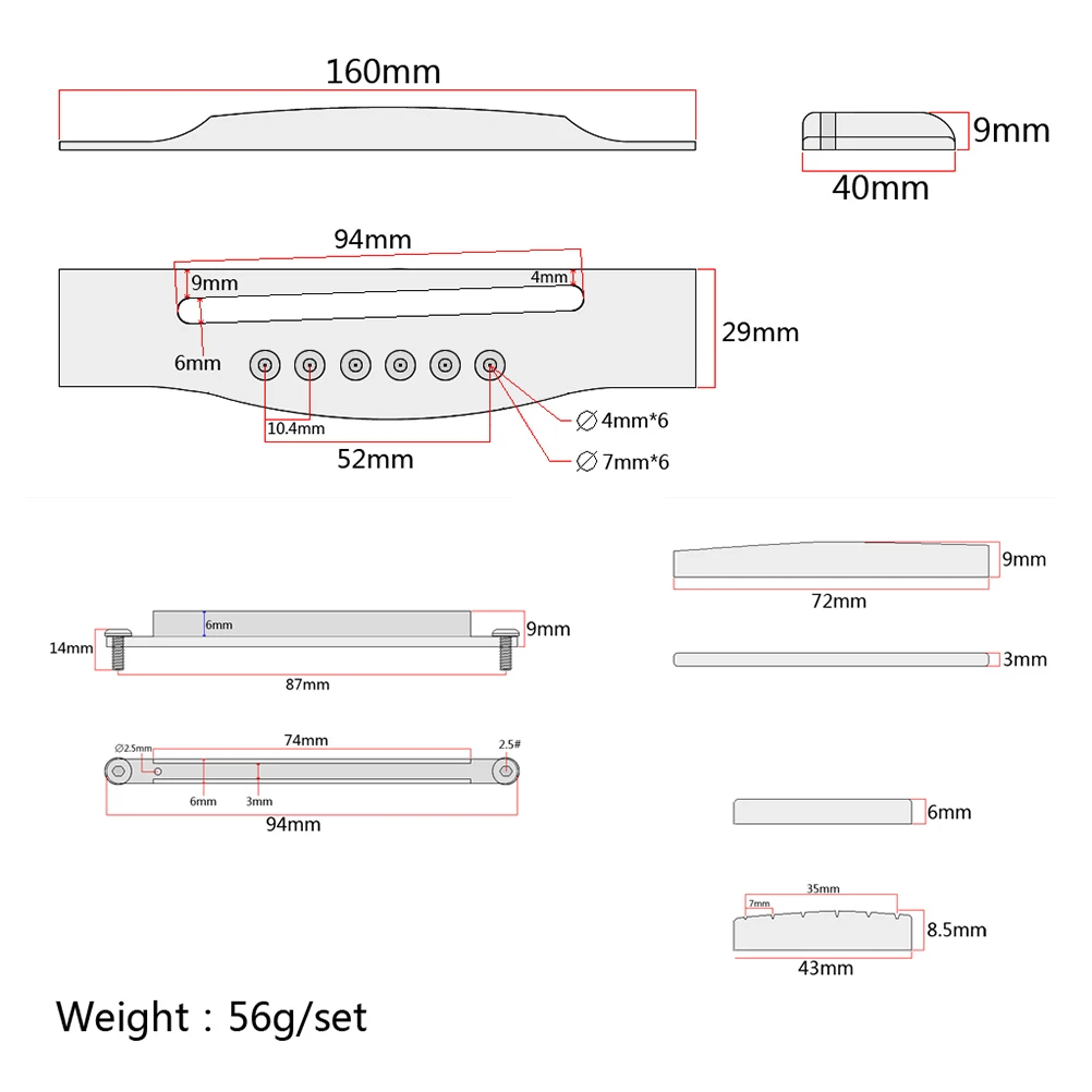 

Rosewood Acoustic Kit 6 String 160Mm Long 40Mm Wide 9Mm Depth Satin Finish Metal Cradle Hole 94Mm X 6Mm Bridges For Acoustic
