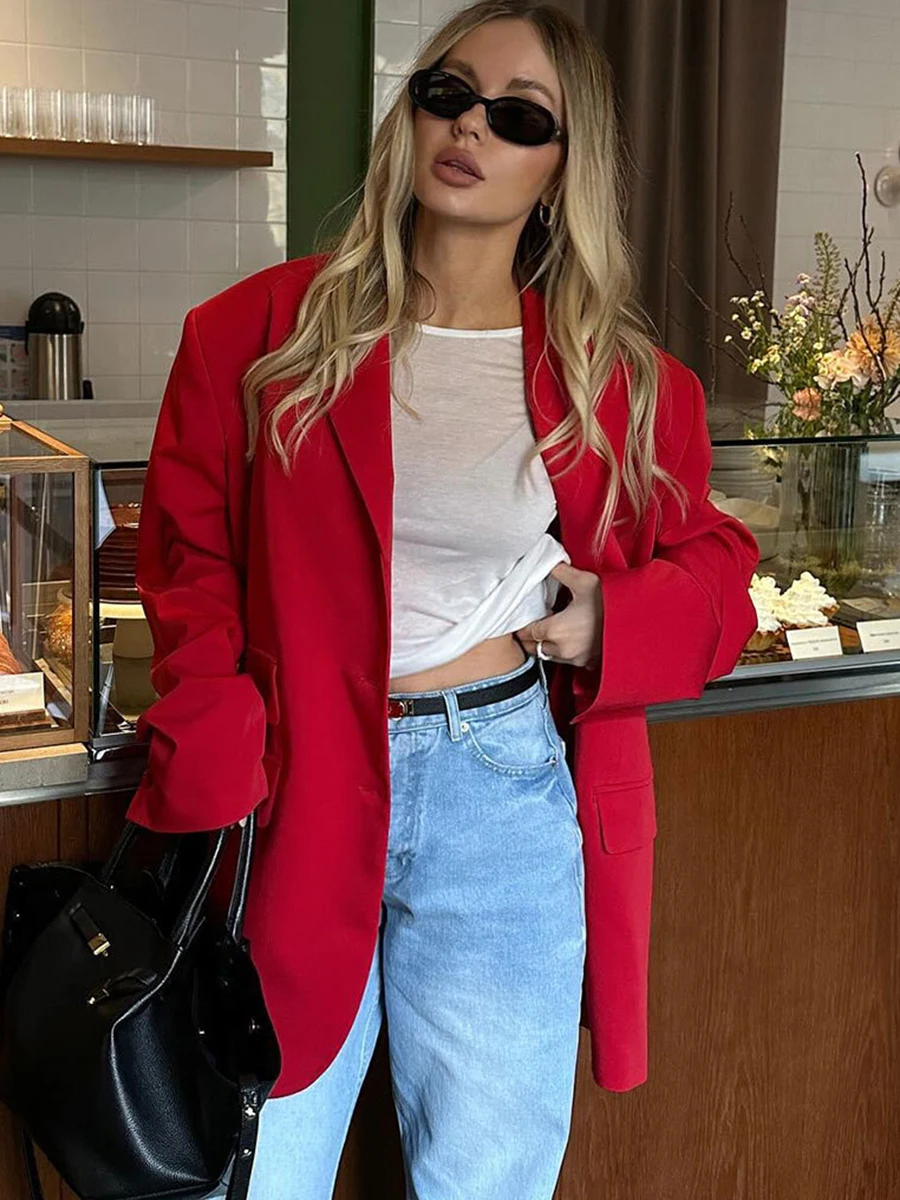 Autumn Red Fashion Blazer Women 2024 New Single Breasted Long Sleeve Pockets Outerwear Streetwear Fashion Casual Jackets Female