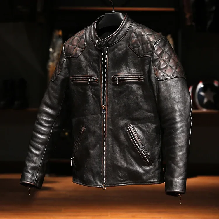 Brand new.LNY Heavy Vintage tea core cowhide jacket.Classic motor rider Retro genuine leather coat.Cool slim armor leather