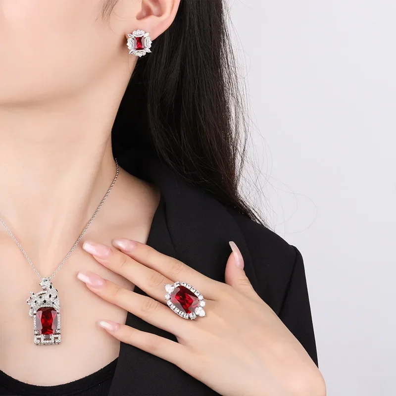 High-end jewelry gem red corundum leopard luxury inlaid set main stone 15*20 earrings 7*9 accessories