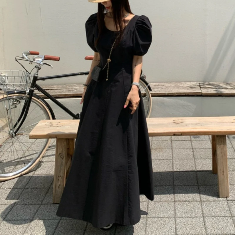 REALEFT الصيف نفخة الأكمام المرأة ألف خط فساتين طويلة 2025 جديد س الرقبة عالية الخصر النمط الفرنسي خمر فستان أبيض للنساء #5