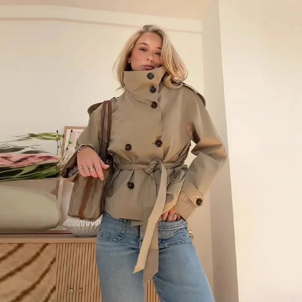 

Classic Belted Windbreaker Jacket for Women Autumn Winter Double-breasted Short Trench Coats Women Elegant Office Lady Clothes