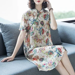 2025 chinese flower printed short sleeve casual qipao dress fashion improved mid-length style women loose daily cheongsam w487