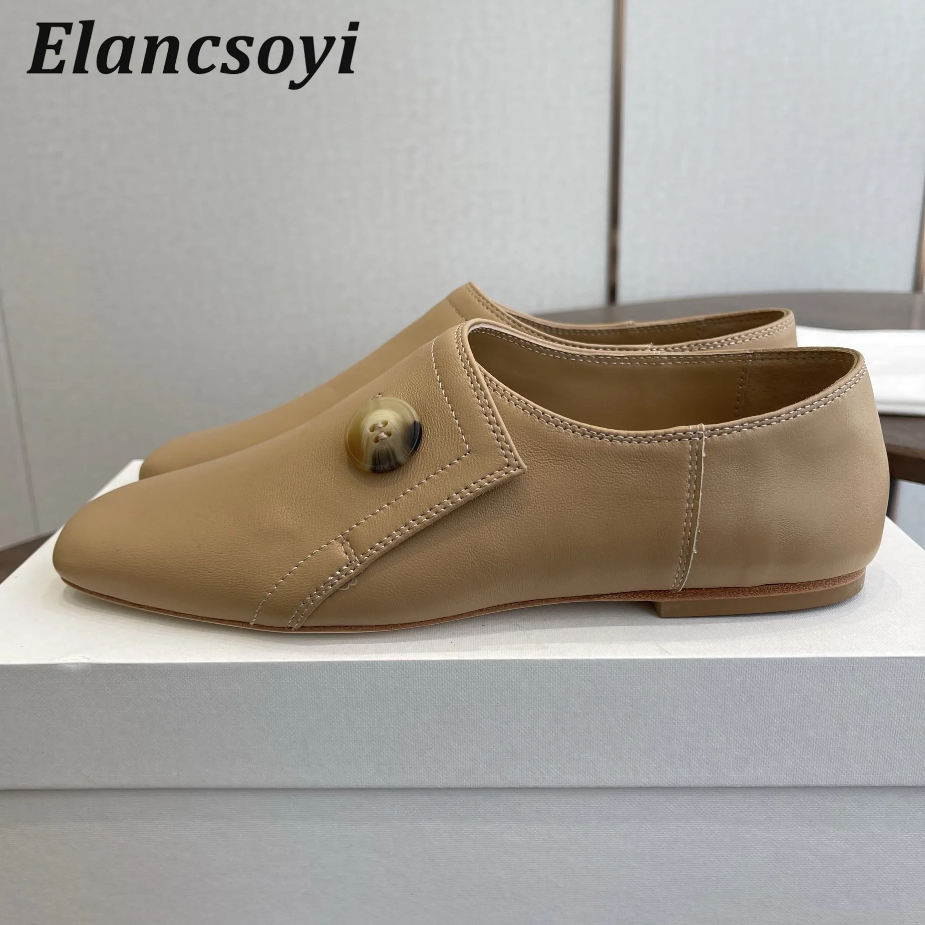 Flat Shoes Women Genuin Leather Square Toe Button Lazy Loafers Deep Mouth Single Shoes Spring Summer Versatile Casual Shoes 2026