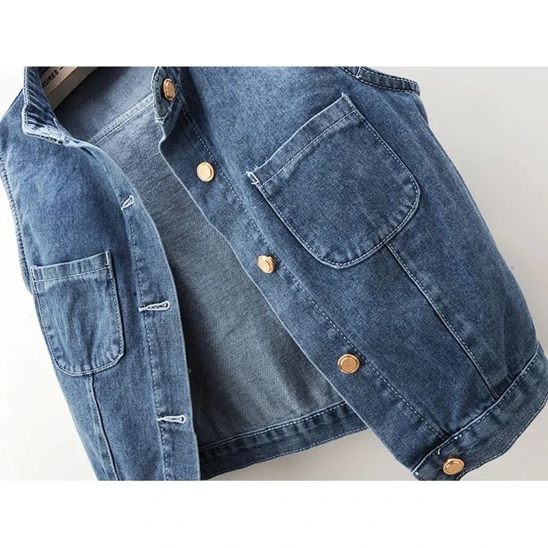 Primavera otoño Vintage azul Stand Collar bolsillo Denim chaleco mujer chaleco vaquero sin mangas chaqueta pantalones vaqueros cortos ajustados chaleco Mujer