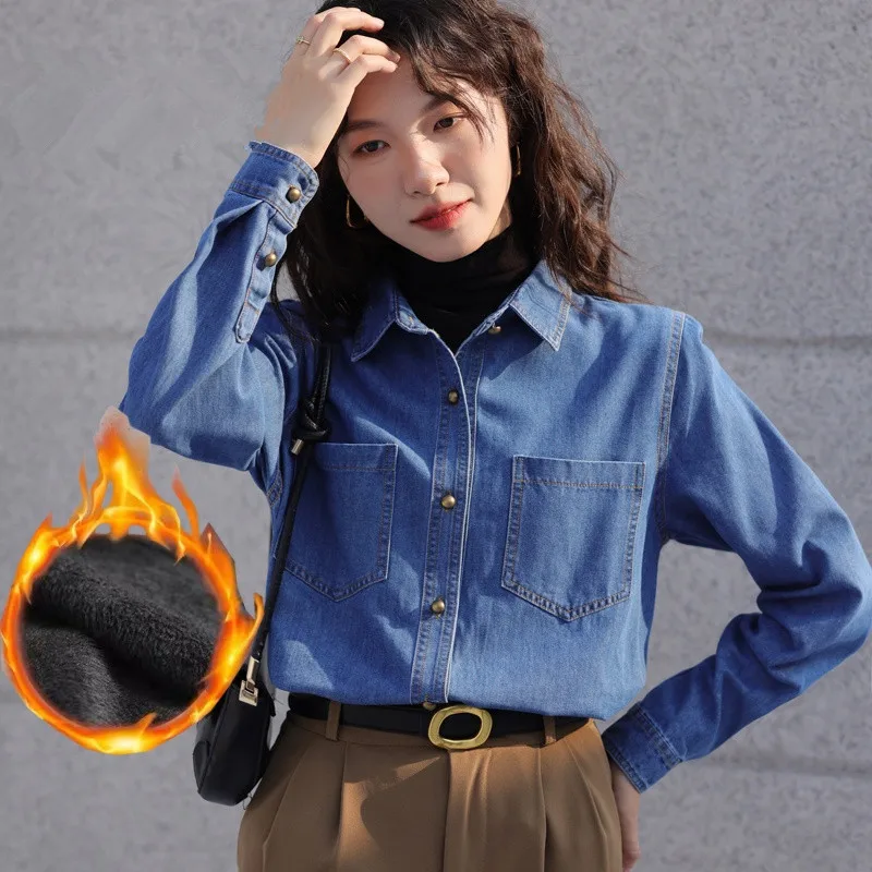 New Casual Denim Long Sleeve Shirts Women Winter Warm Velvet Thicken Tops Femme Loose Plus Size Blouse Outwear Jeans Coats