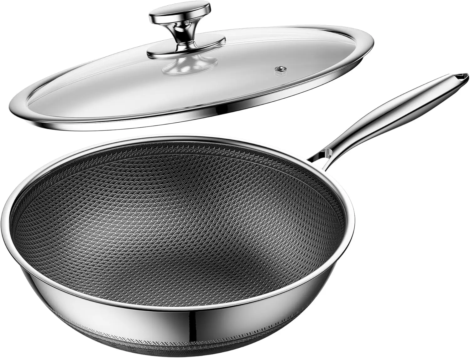 

Вок с крышкой, антипригарный вок и сковорода для жарки, из нержавеющей стали, подходит для мытья в посудомоечной машине, без PFAS, PFOA, PTFE.