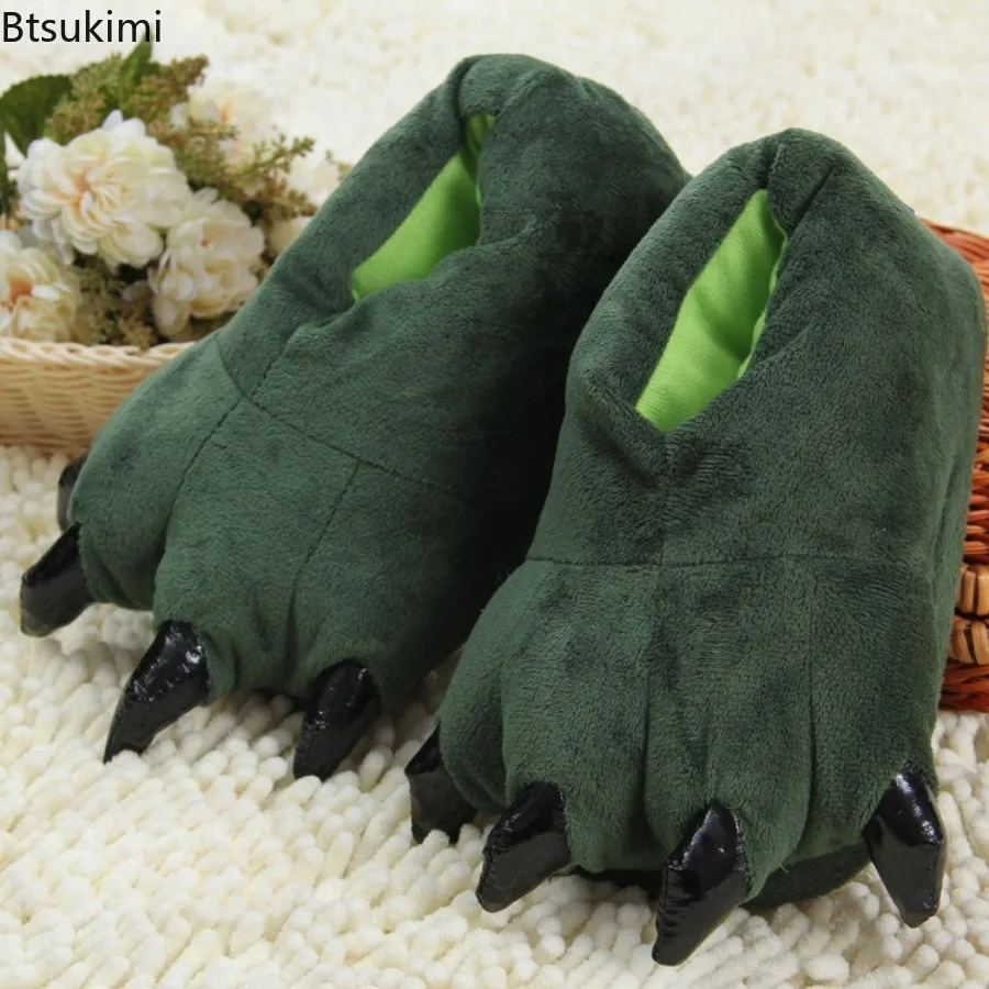 New Winter Warm Soft Indoor Floor Slippers Parent Child Shoes Paw Funny Animal Christmas Monster Dinosaur Claw Plush Home Shoes view 2