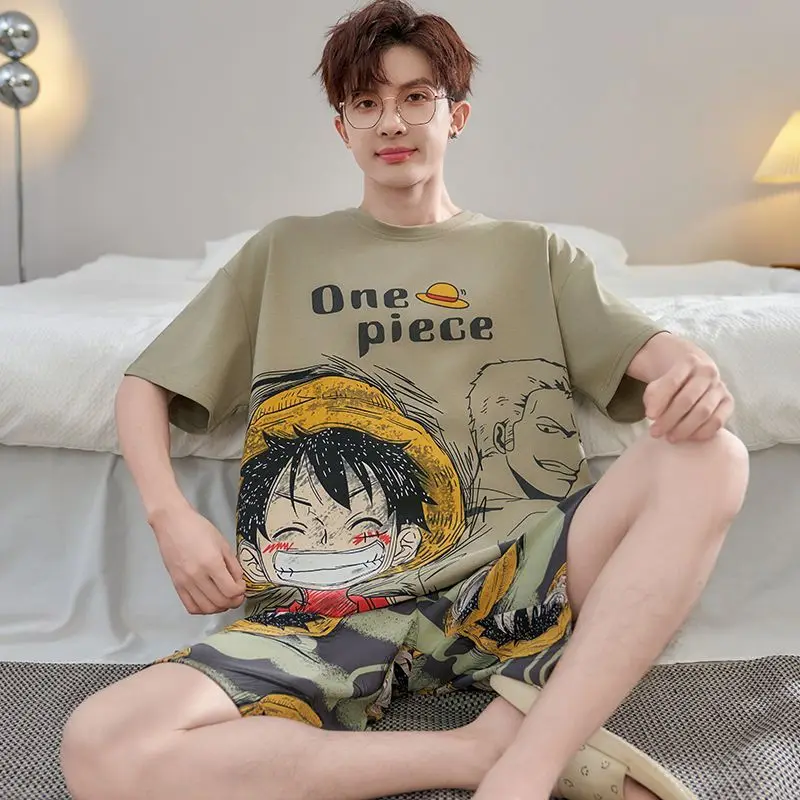 Ein Stück Anime Sommer männer Reine Baumwolle Shorts Hülse Shorts Cartoon Luffy Zoro Conan Naruto Große Größe Pyjama Set Großhandel