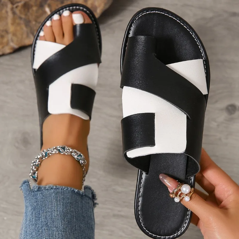 Womens 2025summer New Flat Non-slip PU Waterproof Womens Shoes Outdoor Casual Comfortable Beach Dress Womens Slippers Large Size