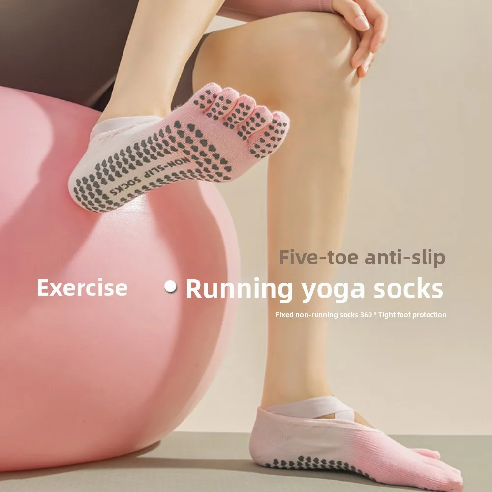 

1 пара противоскользящих носков для йоги с пятью пальцами, хлопковые профессиональные носки для йоги с перекрестными ремешками и пятью пальцами