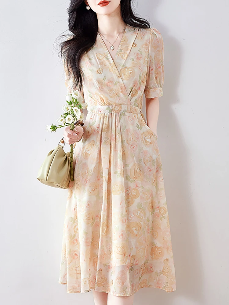

Новинка 2025 года, шифоновое длинное платье с коротким рукавом и v-образным вырезом с цветочным принтом, летние элегантные бандажные повседневные платья, женское корейское облегающее праздничное платье