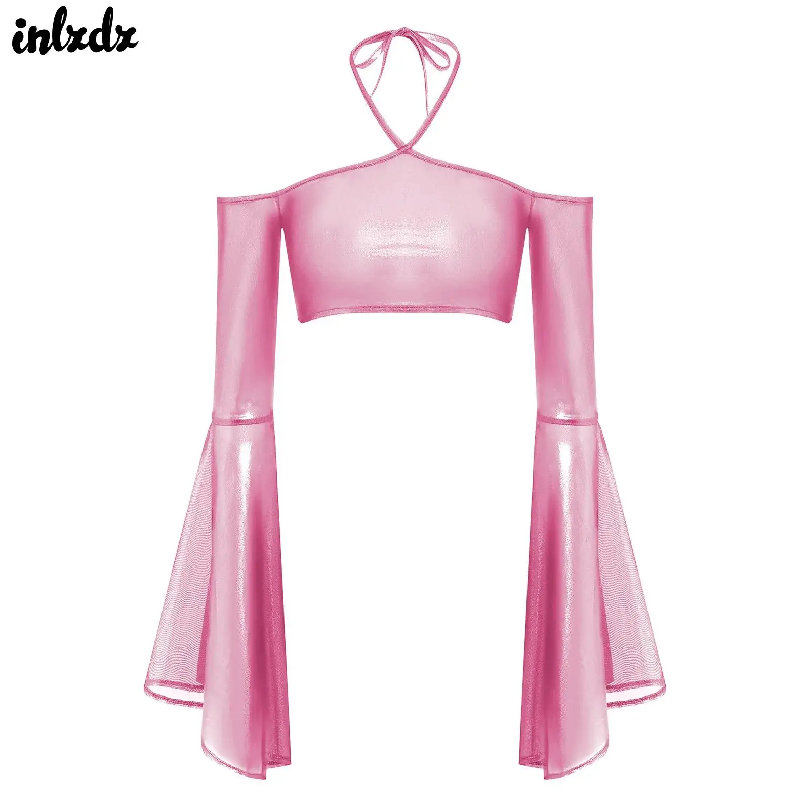 

Womens Shimmering Sheer Crop Tops Off Shoulder Halter Flared Long Sleeve Mesh Cropped T-shirt Cover Up for Camisole Corset