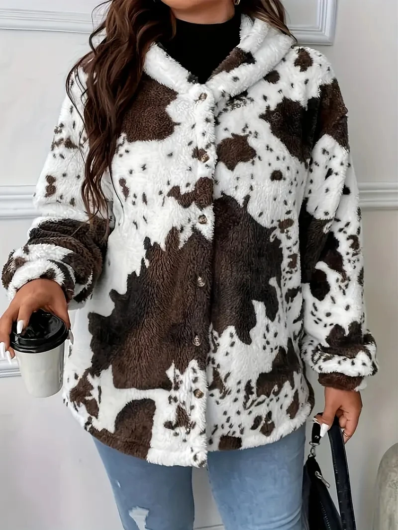 2024 Autumn/Winter Cross border European and American Women\'s Fashion Plush Hoodie with Cow Print Sweatshirt for Women