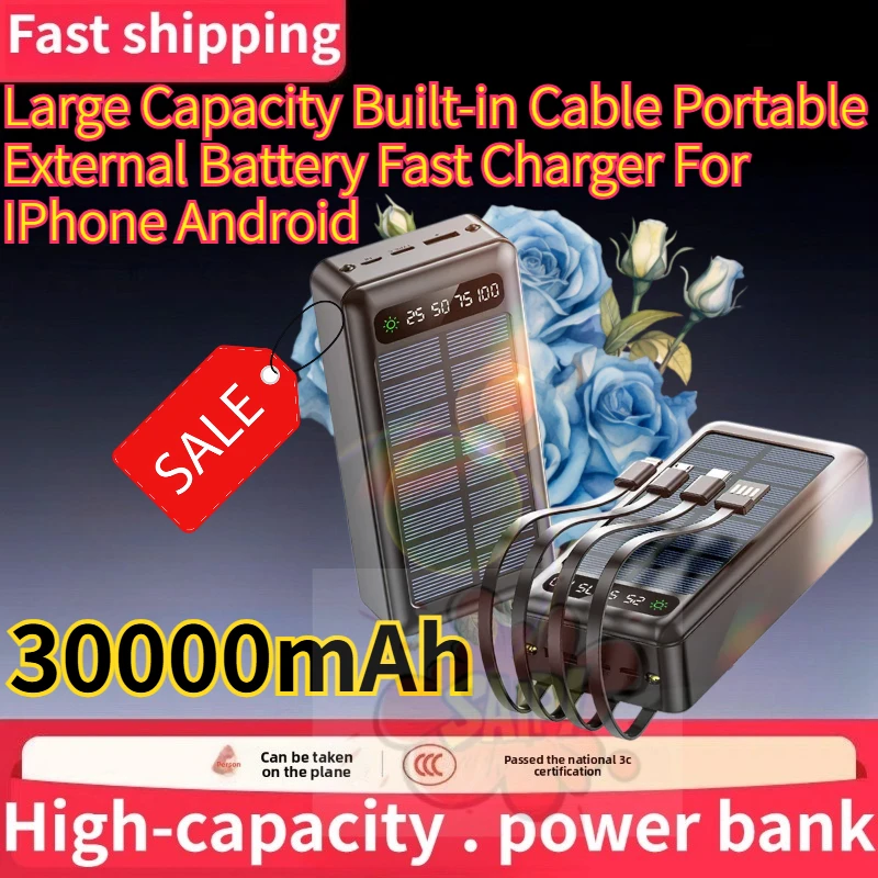 Solar Power Bank 30000mAh Large Capacity Built-in Cable Portable External Battery Fast Charger for IPhone Android in Stock