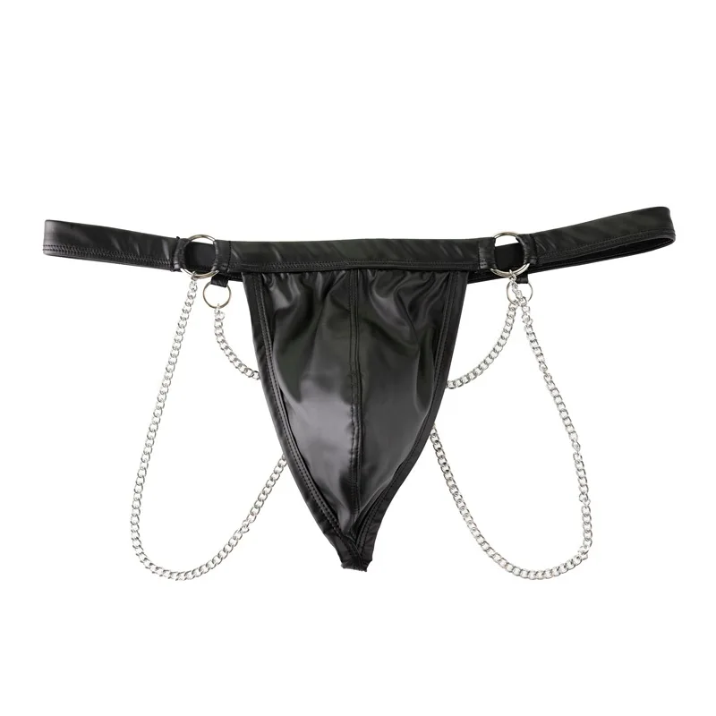 Sexy Gay Underwear Mens Jockstraps Black Faux Leather Panties Man G-string Thongs Lingerie Erotic Penis Chain Ring Underpants