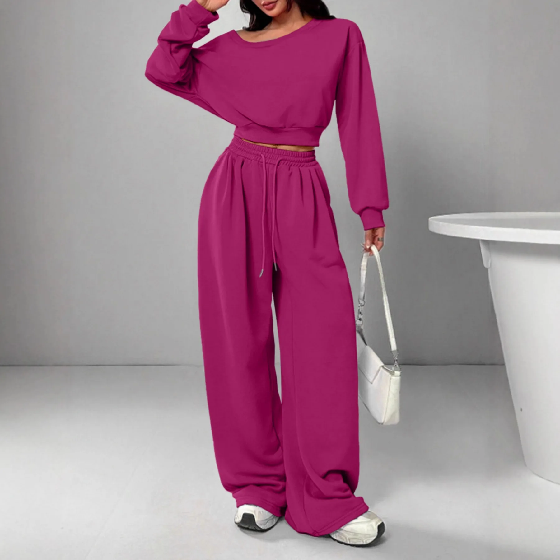 Women Autumn Winter Fleece-lined Warm Tracksuits One-shoulder Pullover And Drawstring Pants Two Piece Set