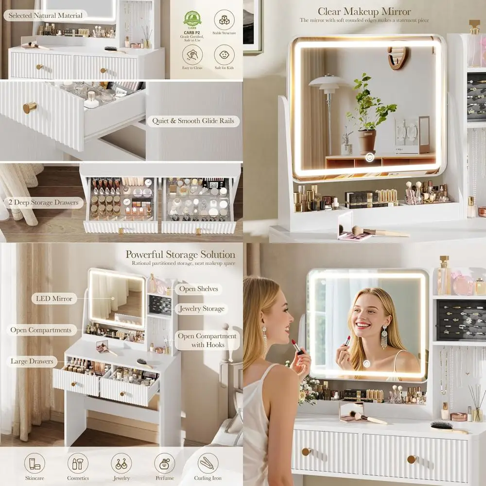 

Компактный туалетный столик с зеркалом, подсветкой, местом для хранения и регулируемой яркостью для спальни или гардеробной - белый