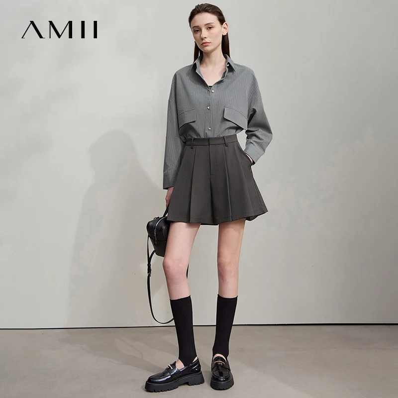 AMII الحد الأدنى الخريف بلوزات طويلة الأكمام 2025 موضة رقيقة شريط الترا فضفاض متوسط طول غير مرونة قمصان غير رسمية 12553032