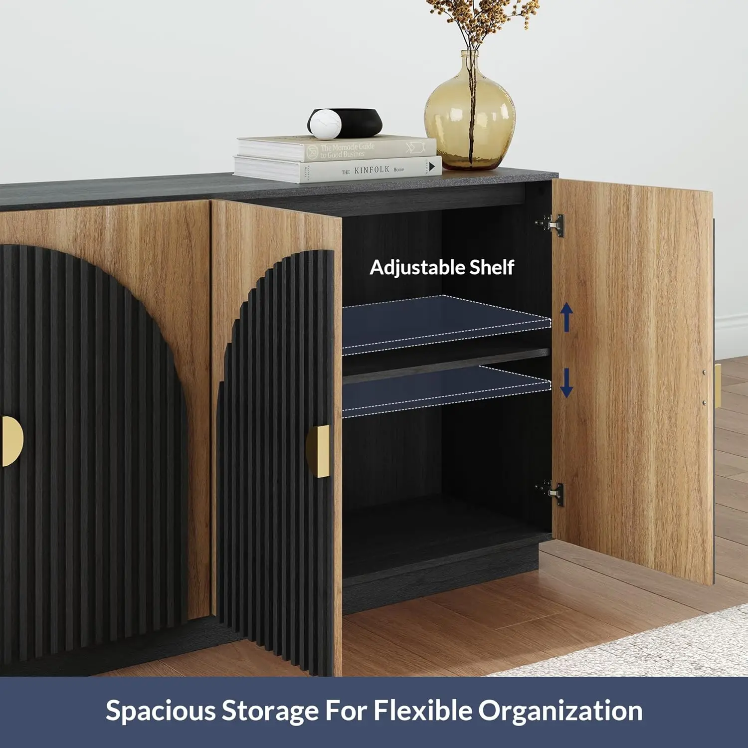 65 Inch Fluted Buffet Cabinet with Storage, Symmetrical Arc Accent Sideboard Large Console Table for Dining Room, Kitchen, and L