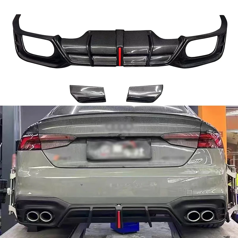 Für Audi A5 S5 RS5 2021-2024 Carbon-Heckdiffusor mit Auspuff-Splittern und Spoiler-Zubehör Karosserie-Kit