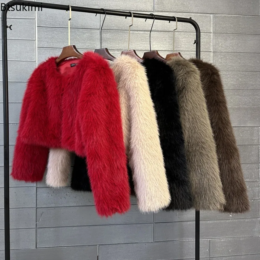 

2026 Fashion Faux Fur Jackets Women's Super-short High Waist Fur Coats Autumn Winter Streetwear Ladies Outwear Loose Casual Tops