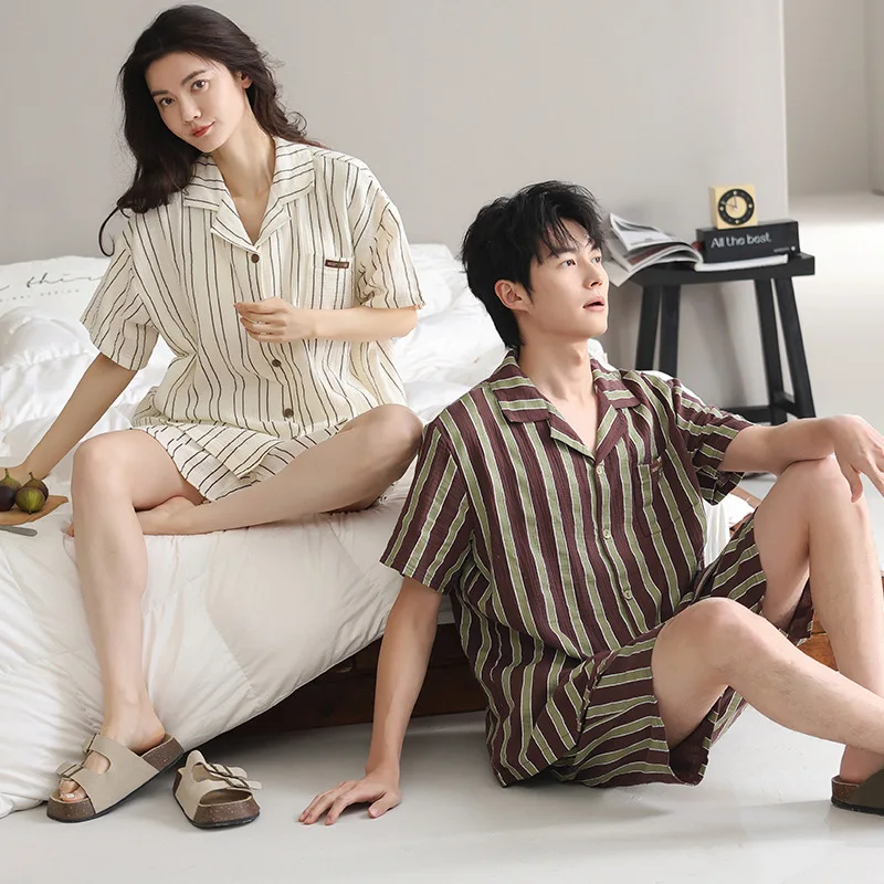 

Новый пижамный комплект для пар, женская хлопковая повседневная домашняя одежда с короткими рукавами, тонкая летняя одежда для дома для мужчин и женщин, кардиган, пижамы