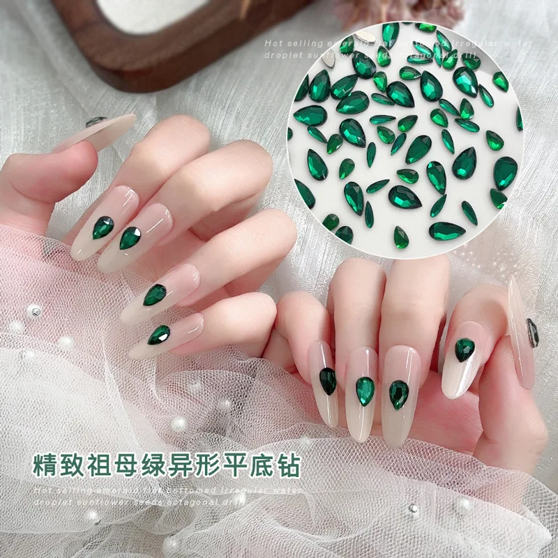 50PCS Dark สีเขียวแบน 3D เล็บ Art Rhinestones Emerald อุปกรณ์เสริมสําหรับเล็บอุปกรณ์ตกแต่งวัสดุ