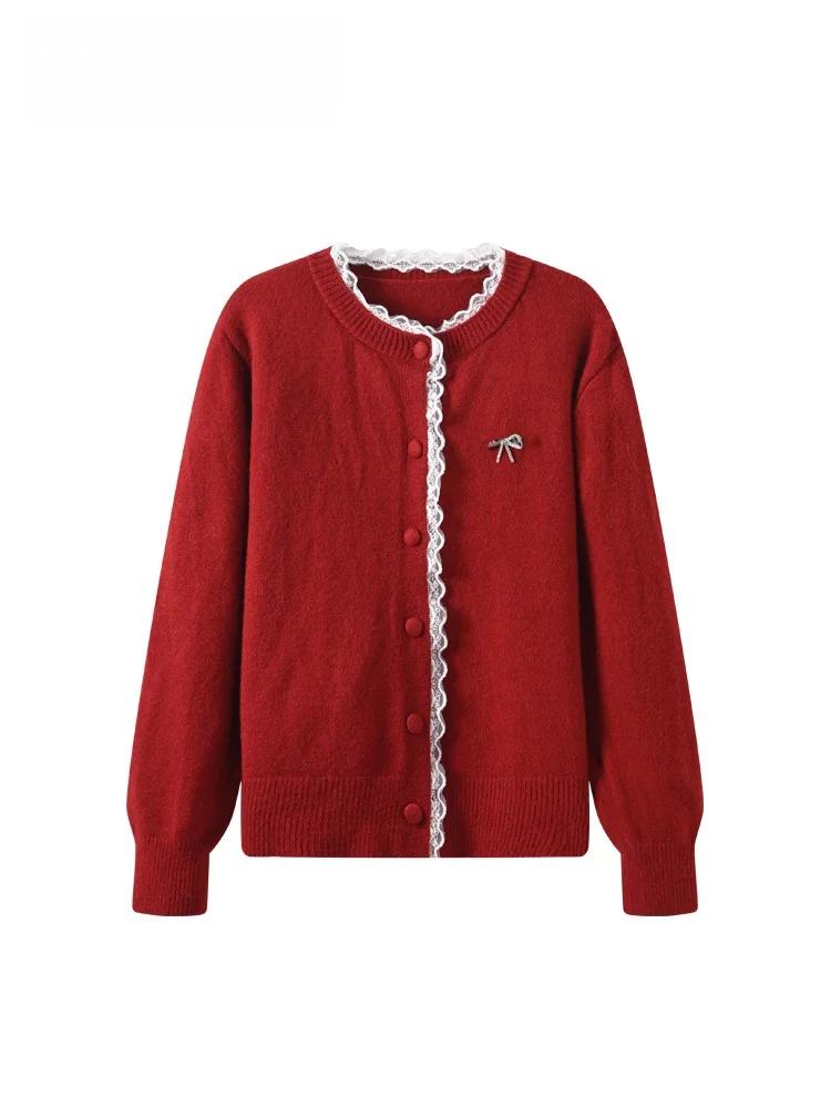 

Новый женский свитер оверсайз с красной кружевной отделкой, осенне-зимний, вязаный топ Sle Cara CLUB с круглым вырезом и одной пуговицей