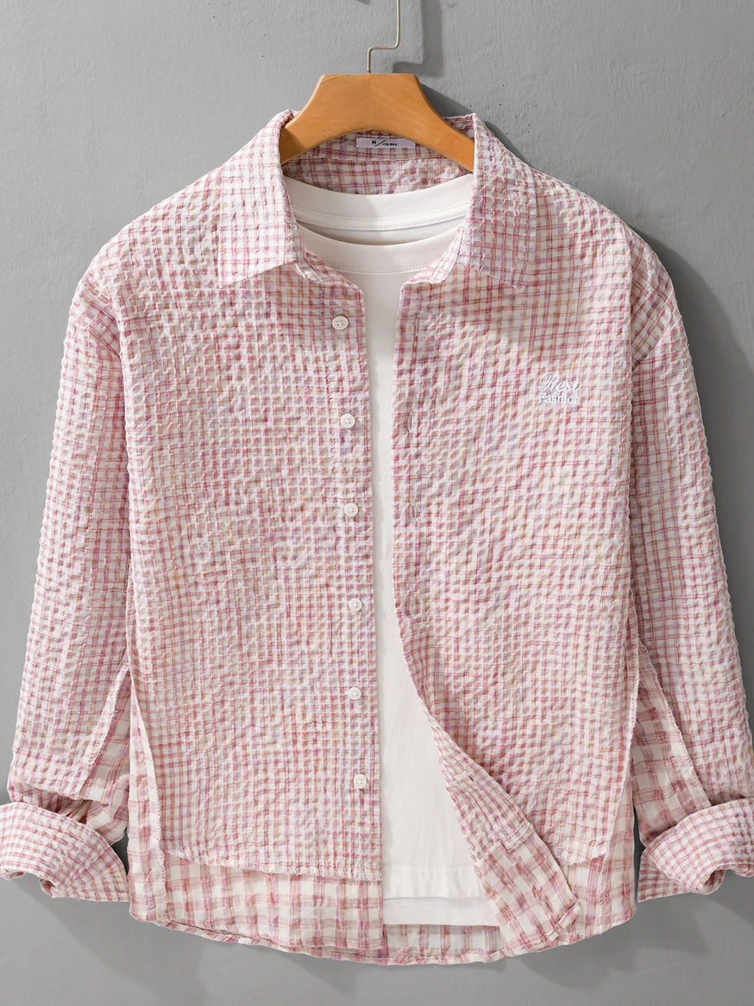 

Retro Plaid Embroidered Letter Men's Casual irt Spring New Design Mixed Fiber Trendy Loose Fit Long Sve Button up