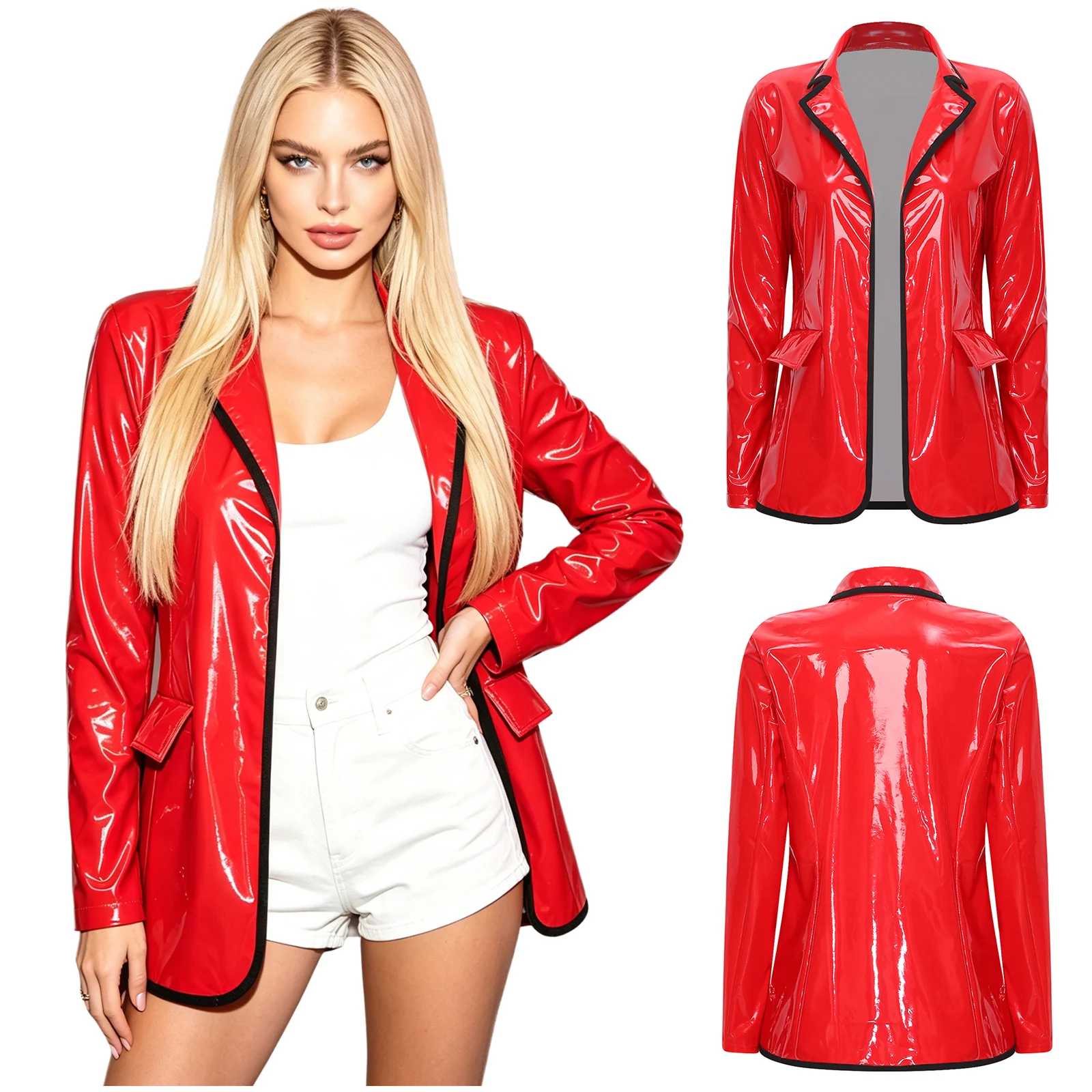 Glänzender PU-Blazer für Damen mit Reverskragen, langen Ärmeln, offener Vorderseite und aufgesetzten Taschen, ideal als Club- oder Party-Outfit.